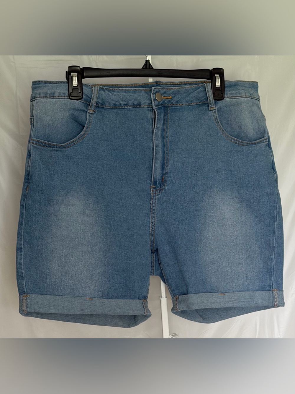 High Rise Stretch Denim Bermuda Shorts Cuffed Blue 2XL Plus Size